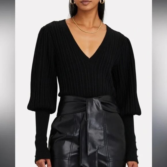 Veronica Beard Black 100% Merino Wool Esme V Neck Puff Sleeve Sweater Medium - Picture 2 of 3